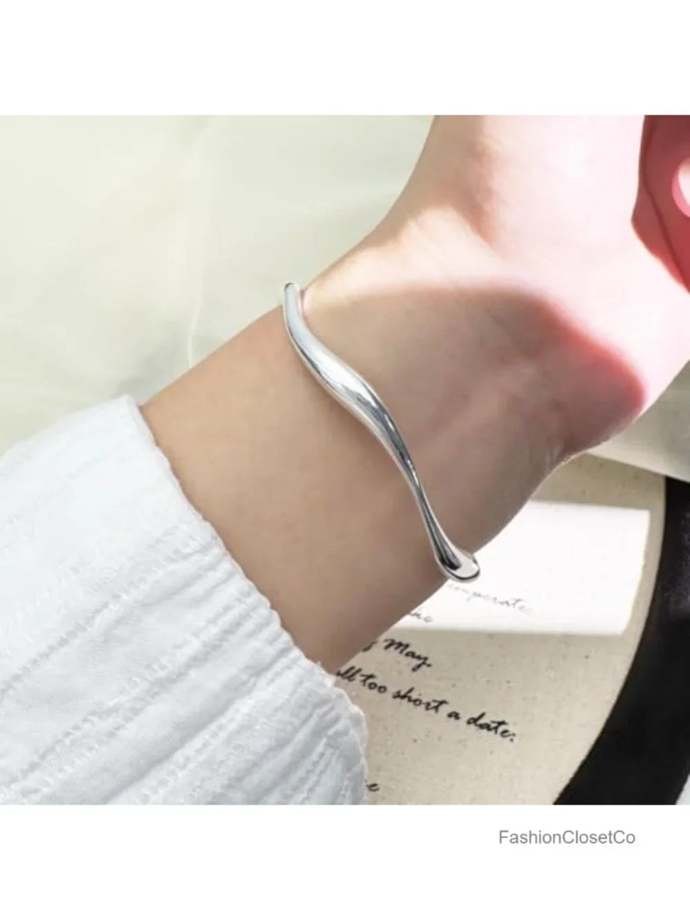 Adjustable Wavy Cuff Bracelet, Silver-Plated, Thin Bangle for Women